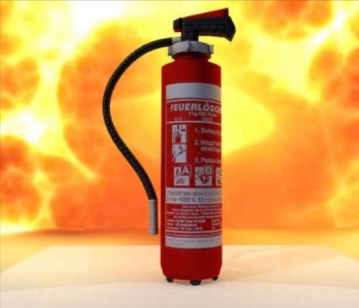 fire extinguisher behind fire background