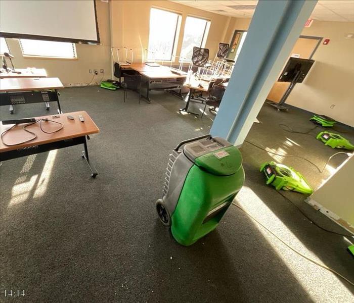 A classroom affected by water damage.