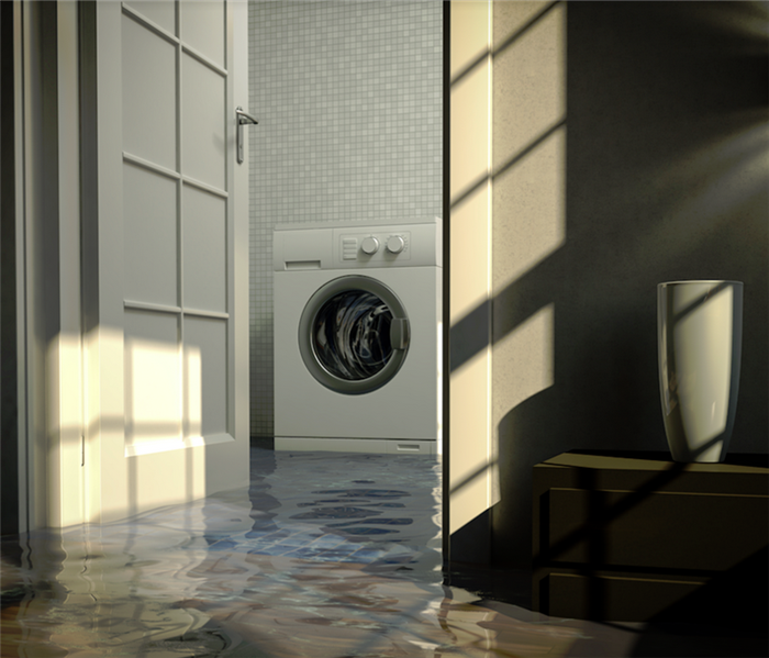 a flooded laundry room and hallway
