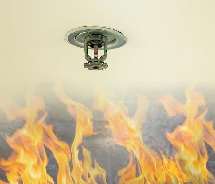 Fire sprinkler head on white ceiling in a building with flames below.